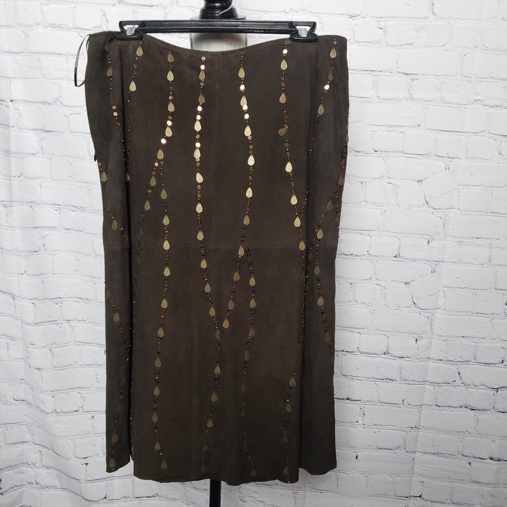 Lafayette 148 New York Suede Skirt intricately beaded statement skirt NWT sz 14
